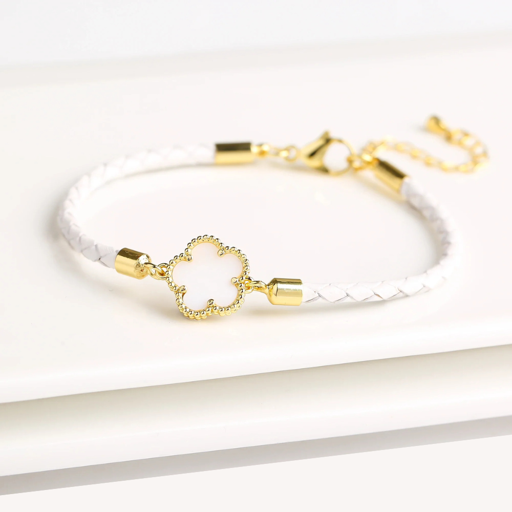 Classic Genuine Leather Woven Natural Stone Five Leaf Flower Charm Bracelet Fashion for Women Girls Party Wedding Jewelry Gift