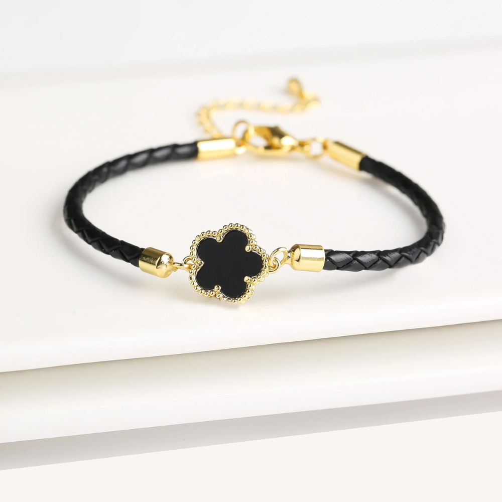 Classic Genuine Leather Woven Natural Stone Five Leaf Flower Charm Bracelet Fashion for Women Girls Party Wedding Jewelry Gift