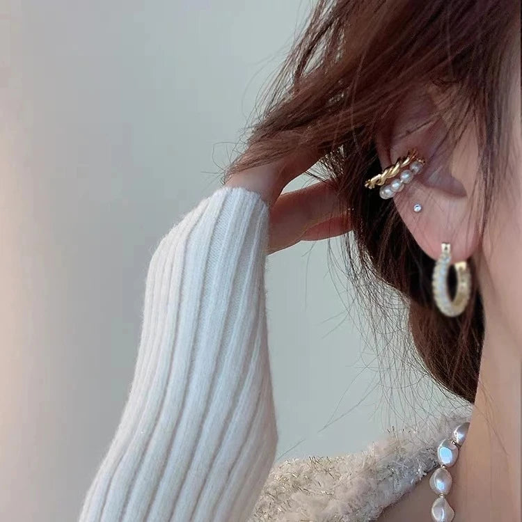 New Korean Gold Color Double Circle Twist Pearl Ear Cuff Vintage Geometric Circle Earcuff Fake Piercing Pearls Clip on Earings