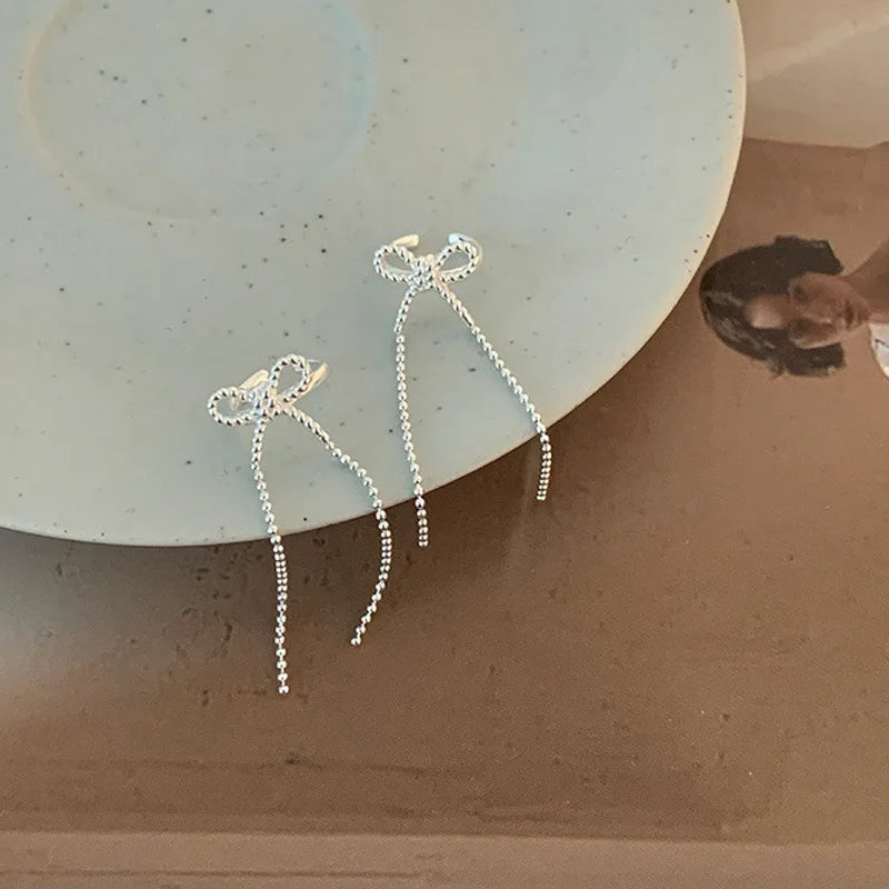 Long Round Bead Chain Tassel Bow Ear Clip Earring for Women Fashion Simple No Piercing Ear Cuff Party Jewelry Christmas Gift