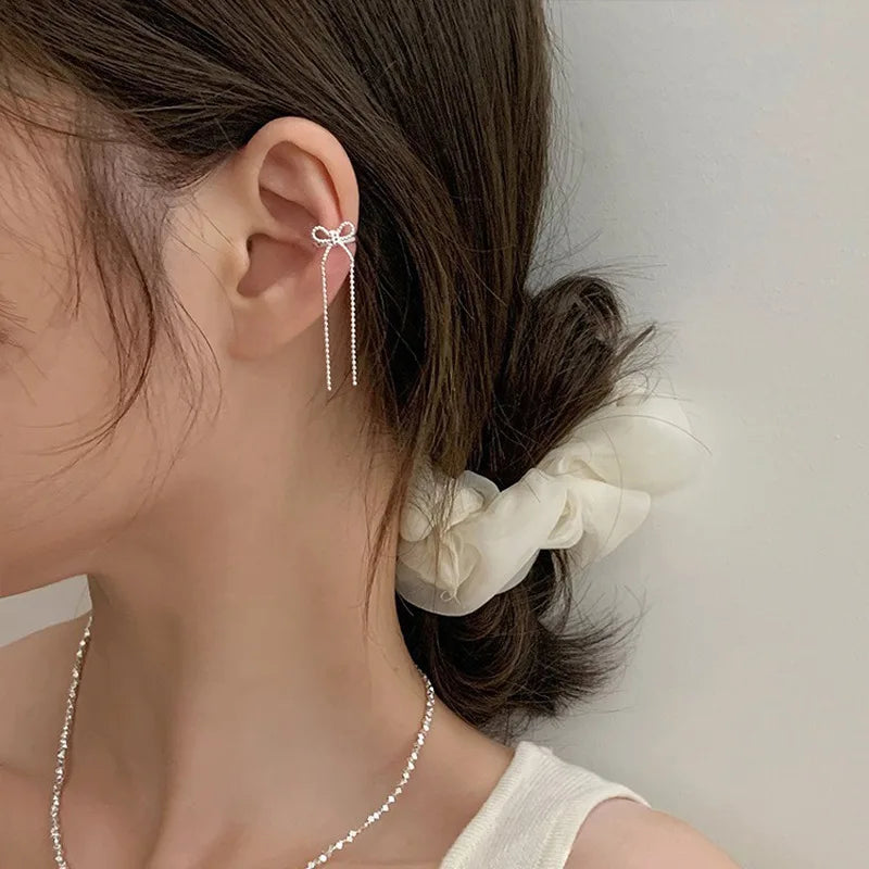 Long Round Bead Chain Tassel Bow Ear Clip Earring for Women Fashion Simple No Piercing Ear Cuff Party Jewelry Christmas Gift