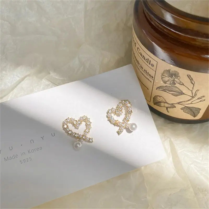 Cute Crystal Pearl Heart Shaped Stud Earrings For Women 2024 Korean Fashion Personality All-match Jewelry Wedding Accessories