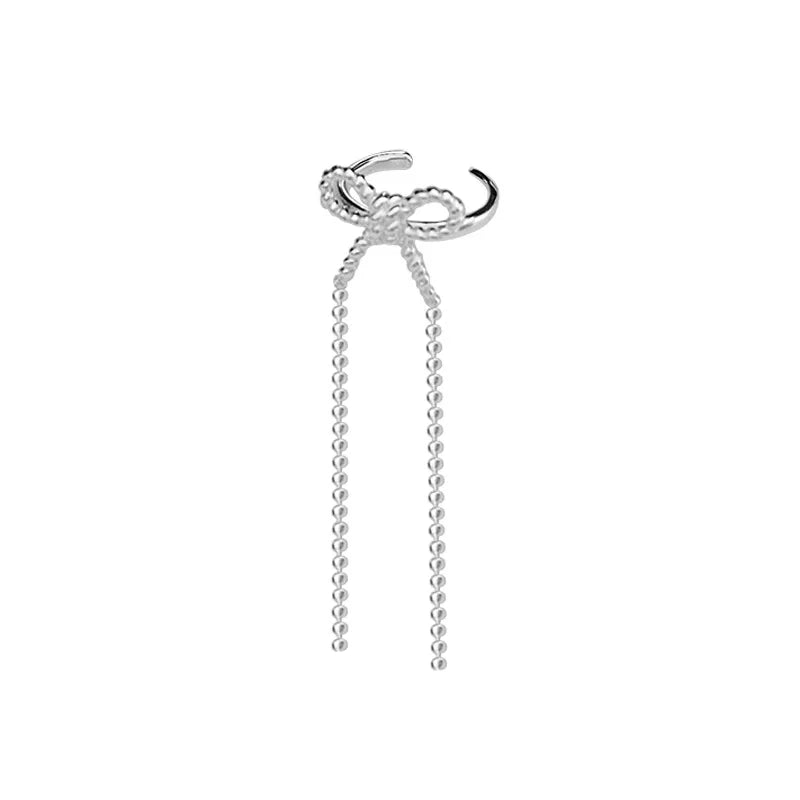 Long Round Bead Chain Tassel Bow Ear Clip Earring for Women Fashion Simple No Piercing Ear Cuff Party Jewelry Christmas Gift