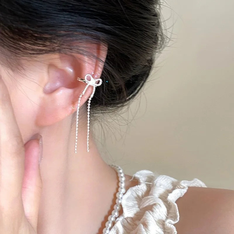 Long Round Bead Chain Tassel Bow Ear Clip Earring for Women Fashion Simple No Piercing Ear Cuff Party Jewelry Christmas Gift