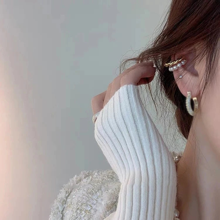 New Korean Gold Color Double Circle Twist Pearl Ear Cuff Vintage Geometric Circle Earcuff Fake Piercing Pearls Clip on Earings